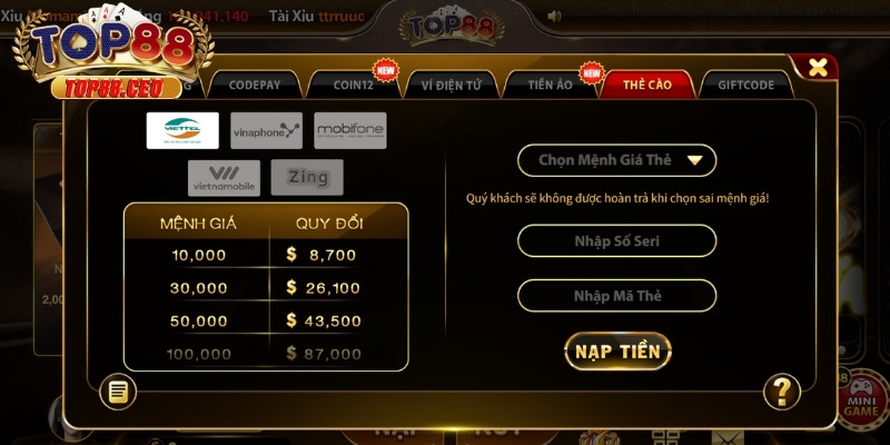 Nhiều hạn mức và nhà mạng điện thoại lớn để lựa chọn giao dịch